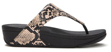 Load image into Gallery viewer, A single women's thong sandal with a black platform sole and a beige and black snakeskin-patterned strap, shown from a side profile on a white background.