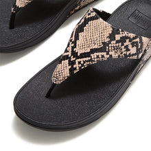 Load image into Gallery viewer, Fitflop Lulu Snake Hazy Taupe/Black Leather Toe-Post Sandals