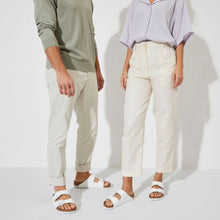 Load image into Gallery viewer, BIRKENSTOCK Arizona White Pebble Leather Slides with White Buckle