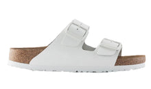 Load image into Gallery viewer, BIRKENSTOCK Arizona White Pebble Leather Slides with White Buckle