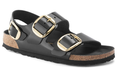 BIRKENSTOCK Milano Big Buckle High Shine Black Leather Patent Slides | Soul 2 Sole Shoes