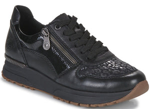 REMONTE by Rieker N7401 Black Zip/Lace Cheetah Leather Textile Sneaker | Soul 2 Sole Shoes