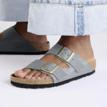 Load image into Gallery viewer, BIRKENSTOCK Arizona Basalt Grey Oiled Leather Slides with Softbed
