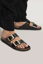 Load image into Gallery viewer, BIRKENSTOCK Arizona Droplet Buckle High Shine Black Leather Patent Slides
