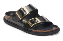 Load image into Gallery viewer, BIRKENSTOCK Arizona Droplet Buckle High Shine Black Leather Patent Slides
