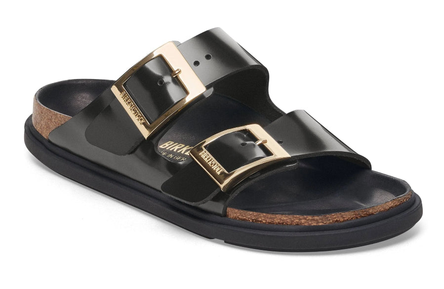 BIRKENSTOCK Arizona Droplet Buckle High Shine Black Leather Patent Slides