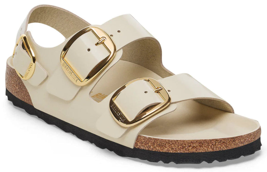 BIRKENSTOCK Milano Big Buckle High Shine Ecru Leather Patent Slides