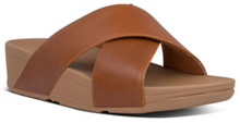Load image into Gallery viewer, Fitflop Lulu Light Tan Leather Cross Slides

