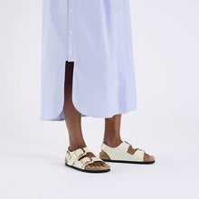 Load image into Gallery viewer, BIRKENSTOCK Milano Big Buckle High Shine Ecru Leather Patent Slides
