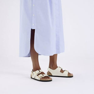 BIRKENSTOCK Milano Big Buckle High Shine Ecru Leather Patent Slides