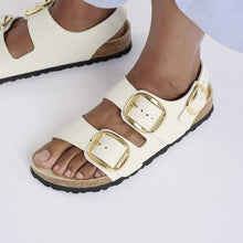 Load image into Gallery viewer, BIRKENSTOCK Milano Big Buckle High Shine Ecru Leather Patent Slides
