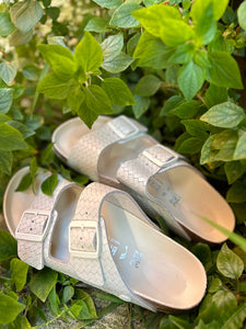 BIRKENSTOCK Arizona Semi Exquisite Woven Embossed Ecru Leather