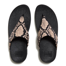 Load image into Gallery viewer, Fitflop Lulu Snake Hazy Taupe/Black Leather Toe-Post Sandals
