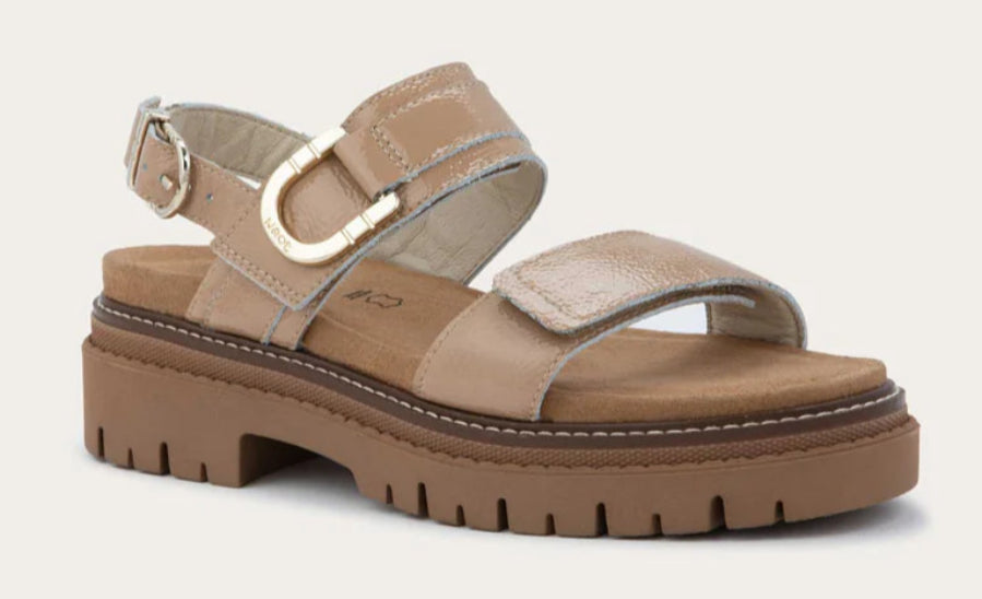 NAOT Trinity Camel Crinkle Patent Leather Ladies Sandal