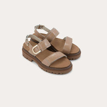 Load image into Gallery viewer, NAOT Trinity Camel Crinkle Patent Leather Ladies Sandal
