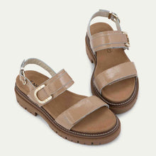 Load image into Gallery viewer, NAOT Trinity Camel Crinkle Patent Leather Ladies Sandal
