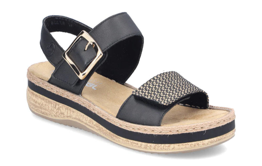 RIEKER Lucy Black/Natural Ladies Leather Wedge Sandal (V0951)