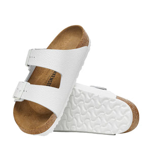 BIRKENSTOCK Arizona White Grainy Leather Slides with White Buckle