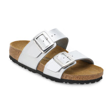 Load image into Gallery viewer, BIRKENSTOCK Sydney Cushion Buckle Silver Birko Flor Ladies Slides
