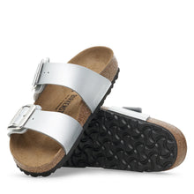 Load image into Gallery viewer, BIRKENSTOCK Sydney Cushion Buckle Silver Birko Flor Ladies Slides

