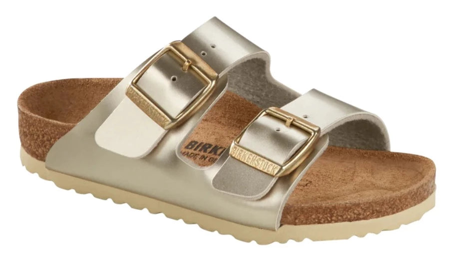 BIRKENSTOCK ARIZONA KIS ELECTRIC METALLIC GOLD SLIDES