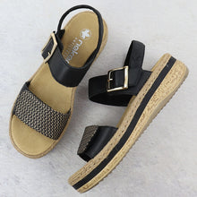 Load image into Gallery viewer, RIEKER Lucy Black/Natural Ladies Leather Wedge Sandal (V0951)
