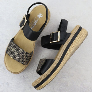 RIEKER Lucy Black/Natural Ladies Leather Wedge Sandal (V0951)