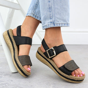 RIEKER Lucy Black/Natural Ladies Leather Wedge Sandal (V0951)