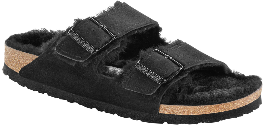 Birkenstock Suede Leather Shearling Black Slides Sandals